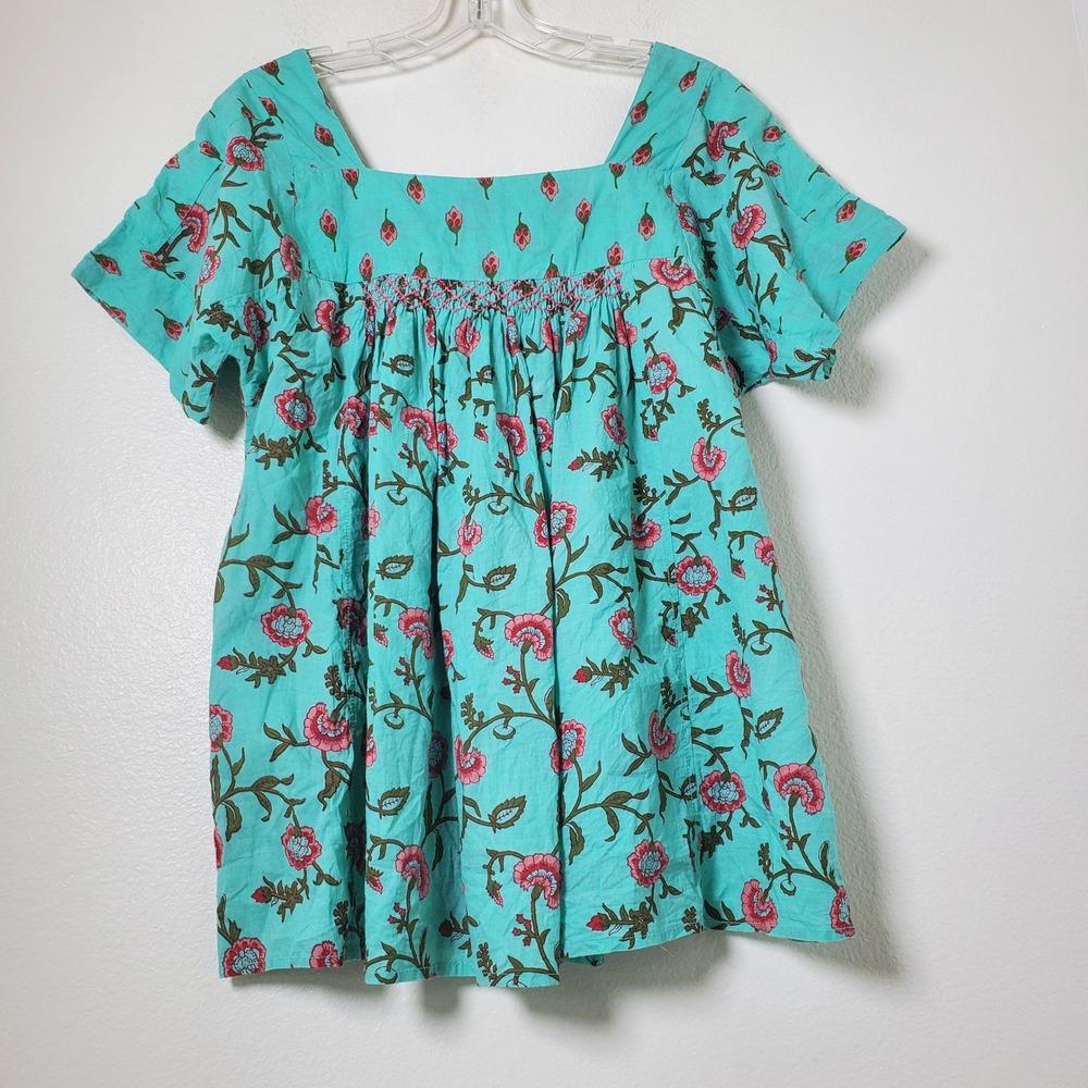 Ivy Jane Turquoise Floral Cotton Smocked Baby Doll Blouse Top 6 Women's Size M - Picture 3 of 8